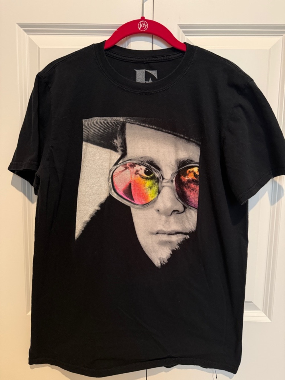 Black Elton John Concert Merch Graphic Tee with Colorful Sunglasses Print